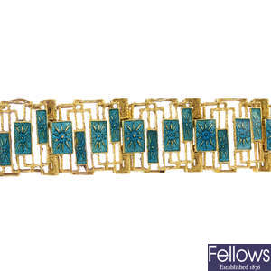 A mid 20th century 18ct gold enamel bracelet.