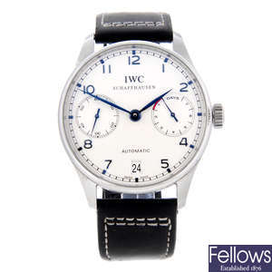 IWC - a gentleman's stainless steel Portuguese Seven Day wrist watch.