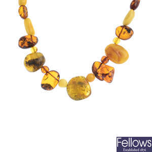 Five amber necklaces.