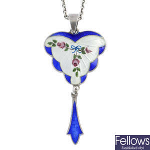 JOHN ATKINS & SONS - an early 20th century silver enamel pendant, with chain.