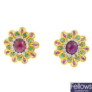 A pair of ruby, diamond and emerald floral cluster earrings.