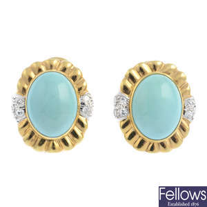 A pair of reconstituted turquoise and diamond earrings.
