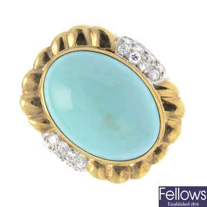 A reconstituted turquoise and diamond ring.