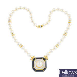 A cultured pearl, diamond and onyx necklace.