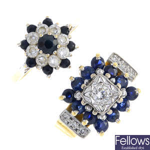 Two gold diamond, cubic zirconia and sapphire rings.