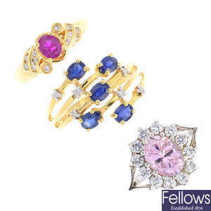Three diamond and gem-set rings.