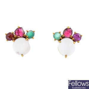 A pair of moonstone, ruby, chrysoprase and spinel earrings.