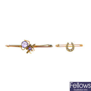 Four early 20th century 9ct gold split pearl and amethyst brooches.