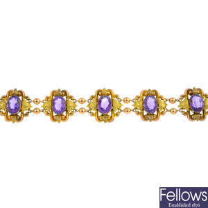 A late Victorian 9ct gold amethyst bracelet.
