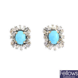 A pair of turquoise and diamond cluster earrings.