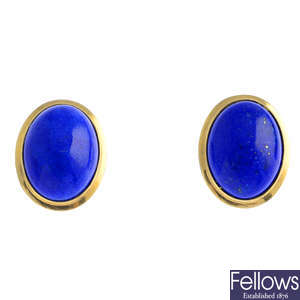 A pair of 14ct gold lapis lazuli earrings.