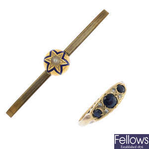 A 9ct gold sapphire and diamond ring and a split pearl and enamel bar brooch.