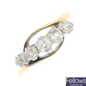 A mid 20th century 18ct gold and platinum diamond five-stone ring.