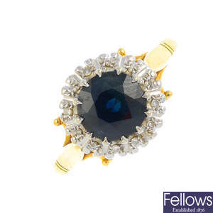 A 1960s 18ct gold sapphire and diamond cluster ring.
