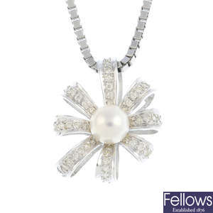 A cultured freshwater pearl and diamond pendant, with chain.