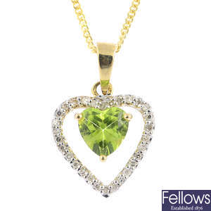 A 9ct gold peridot and diamond pendant, with 9ct gold chain.
