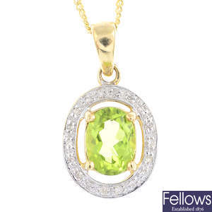 A 9ct gold peridot and diamond cluster pendant, with 9ct gold chain.