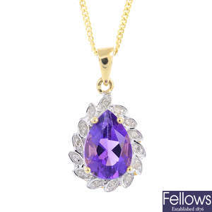 A 9ct gold amethyst and diamond cluster pendant, with 9ct gold chain.