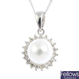 A 9ct gold cultured pearl and diamond cluster pendant, with a chain.