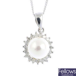 A 9ct gold pearl and diamond cluster pendant, with a chain.
