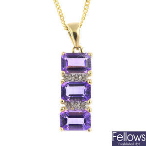 A 9ct gold amethyst and diamond pendant, with a 9ct gold chain.