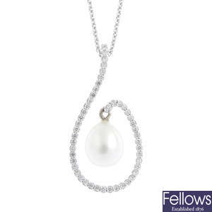 An 18ct gold cultured pearl and diamond pendant, with an 18ct gold chain.