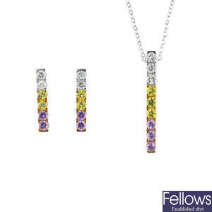 A pair of 18ct gold diamond and sapphire earrings and pendant, with chain.