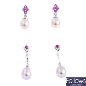Two pairs of 18ct gold cultured pearl, diamond and sapphire earrings.