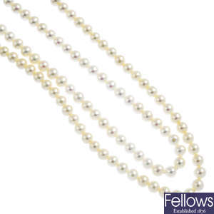 Forty-six cultured pearl strands.