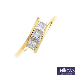 An 18ct diamond three-stone ring.