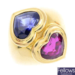 A sapphire and ruby twin hearts ring.