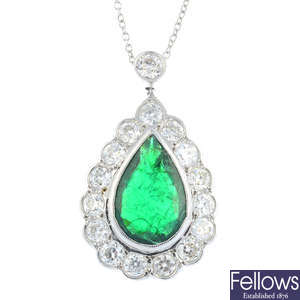 An emerald and diamond pendant, on chain.