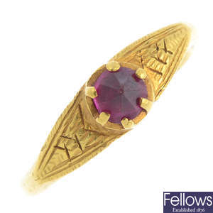 A 22ct gold synthetic ruby single-stone ring.