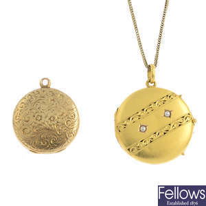 Two late Victorian gold lockets, and a gold chain.