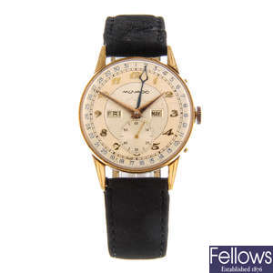 MOVADO - a gentleman's nickel plated triple date wrist watch.