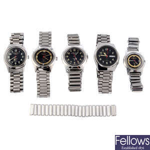 A group of five assorted West End Watch Co. watches.