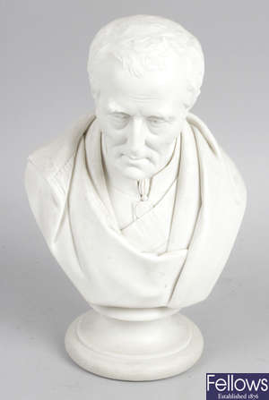 A 19th century Parian ware head and shoulder bust depicting the Duke of Wellington.