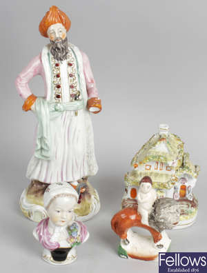 A 19th century Staffordshire flat back pottery figure group, etc.