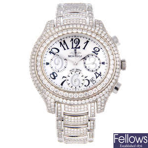 MONTEGA - a gentleman's factory diamond set 18ct white gold chronograph bracelet watch.