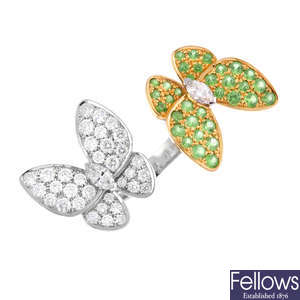 VAN CLEEF & ARPELS - an 18ct gold diamond and tsavorite garnet 'Two Butterfly' 'Between the Finger' ring.