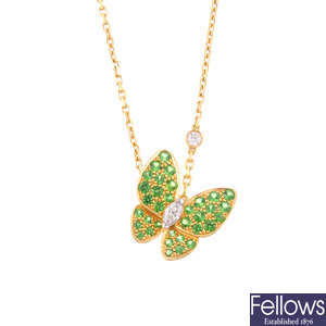VAN CLEEF & ARPELS - a diamond and tsavorite garnet 'Two Butterfly' necklace.