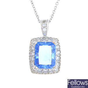 A 14ct gold synthetic spinel and cubic zirconia pendant, with chain.