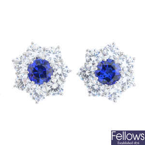 A pair of 14ct gold synthetic sapphire and cubic zirconia cluster earrings.