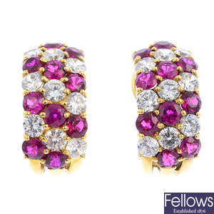 A pair of 18ct gold synthetic ruby and cubic zirconia earrings.