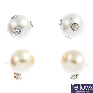 Three pairs of 14ct gold cubic zirconia and imitation pearl stud earrings.