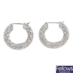 A pair of 14ct gold cubic zirconia hoop earrings. AF.