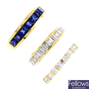 Three 14ct gold cubic zirconia and synthetic sapphire dress rings.