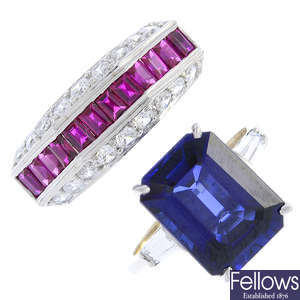 Two 9ct gold synthetic sapphire, synthetic ruby and cubic zirconia rings.