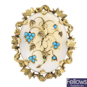 A mid Victorian gold chalcedony and turquoise brooch.