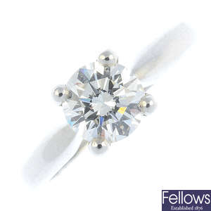 A platinum diamond single-stone ring.